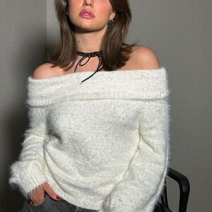 Off-Shoulder White Fuzzy Sweater